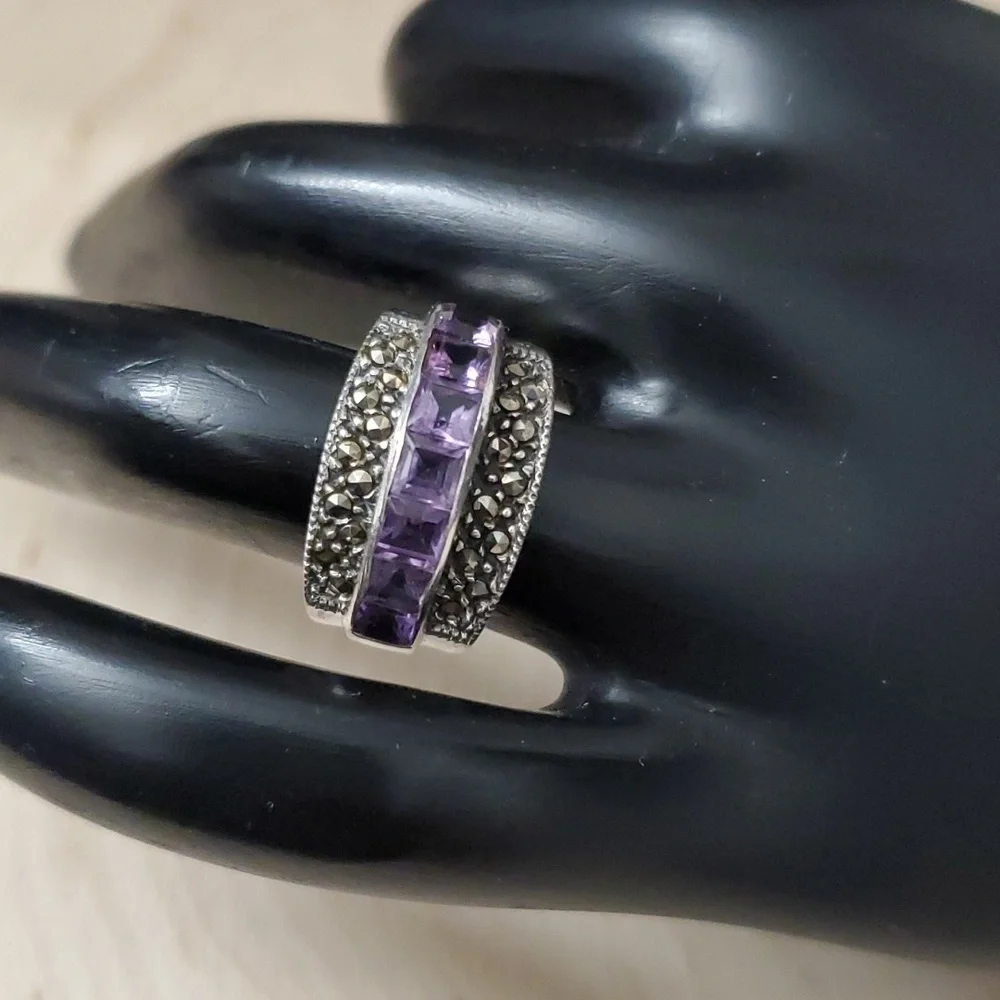 Sterling Silver 925 Twilight Majesty Amethyst and Marcasite Ring